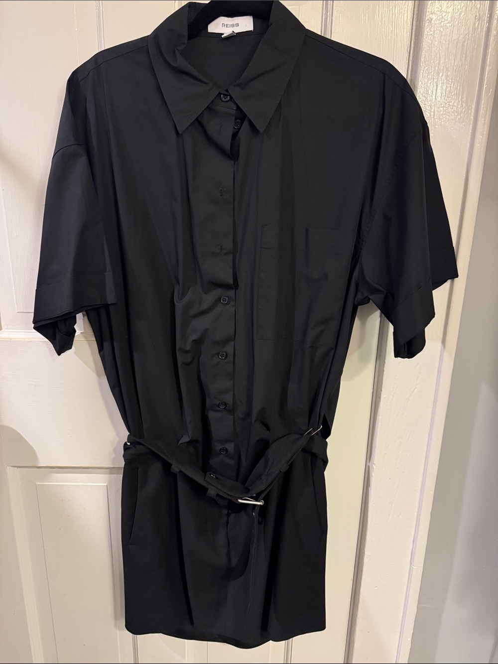 Reiss Black Short-Sleeve Button-Front Mini Dress with Belted Waist